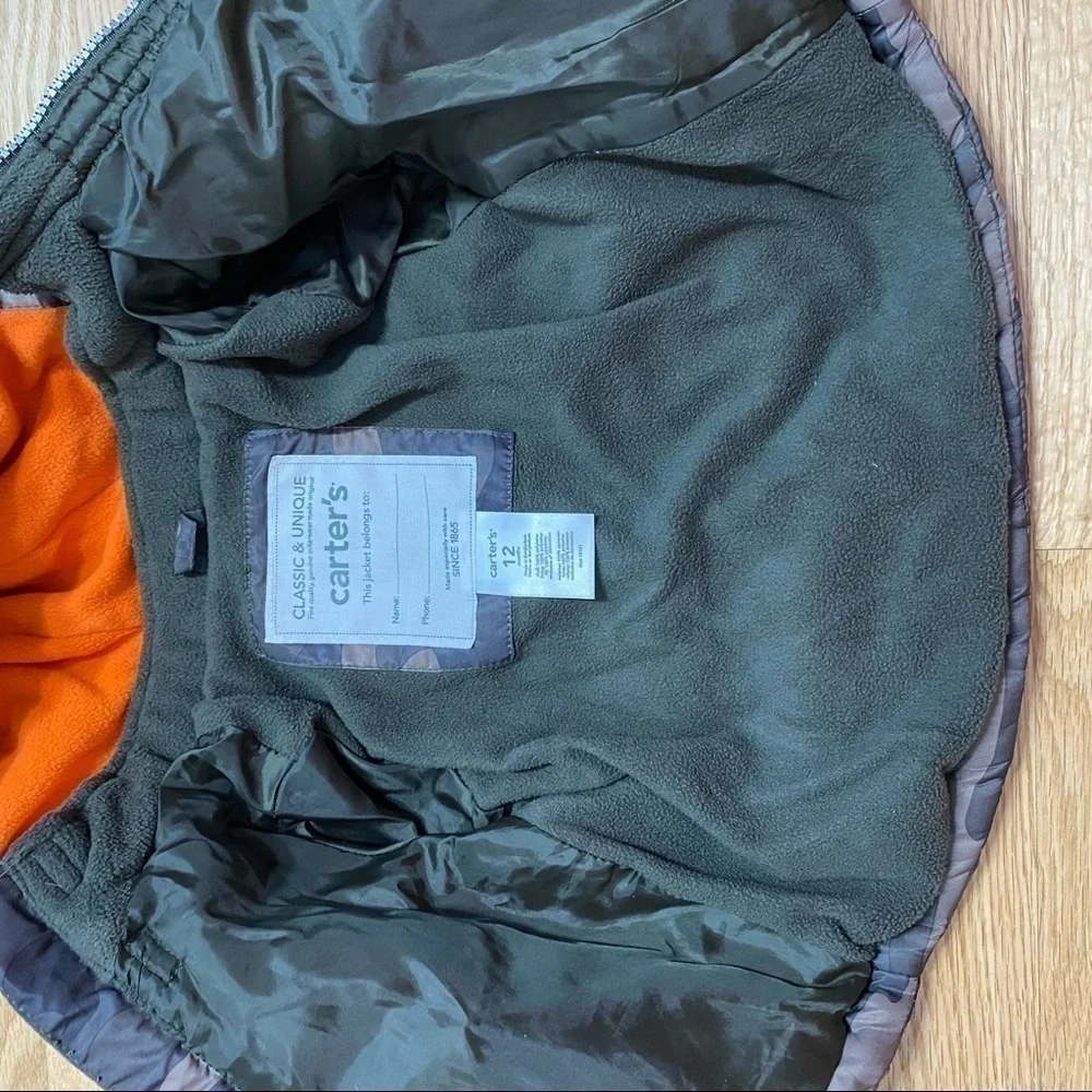 Carter’s Puffer Jacket 12 mos Full Zip Camouflage Green Orange Hooded